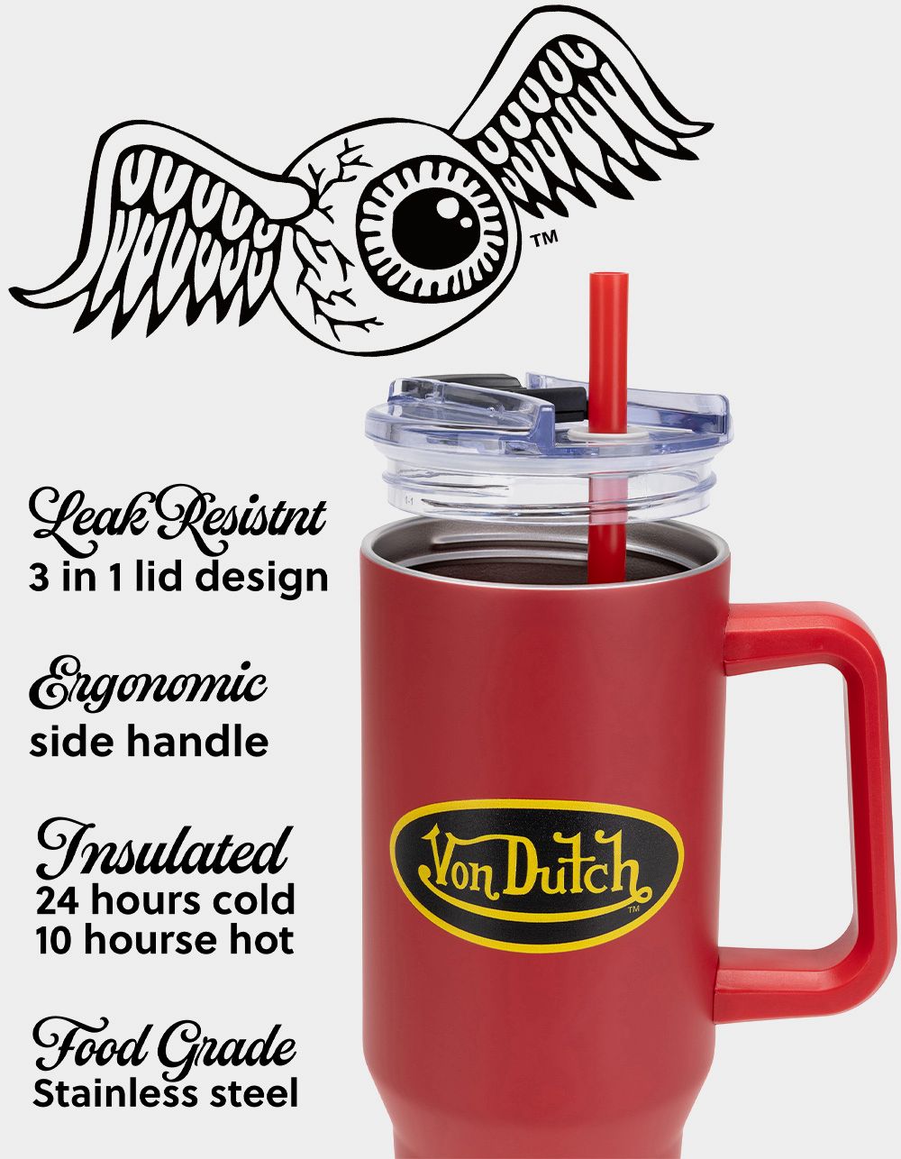 VON DUTCH 40oz Red City of Angels Double Walled Insulated Stainless Steel Tumbler - RED FLAME