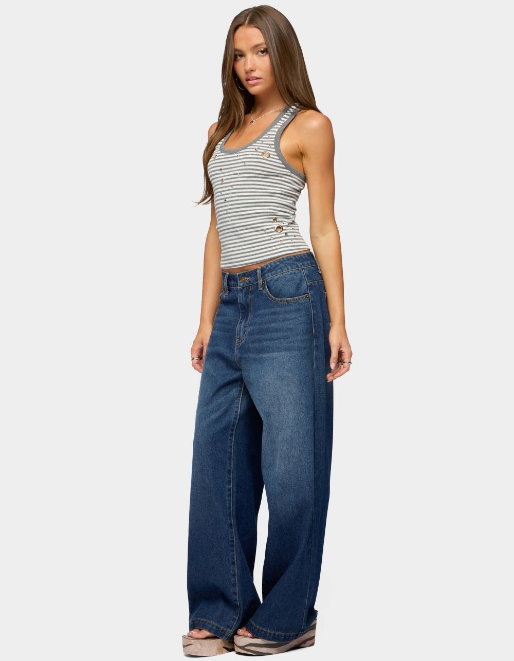 EDIKTED Sindy Grommet & Stud Striped Tank Top - GRAY