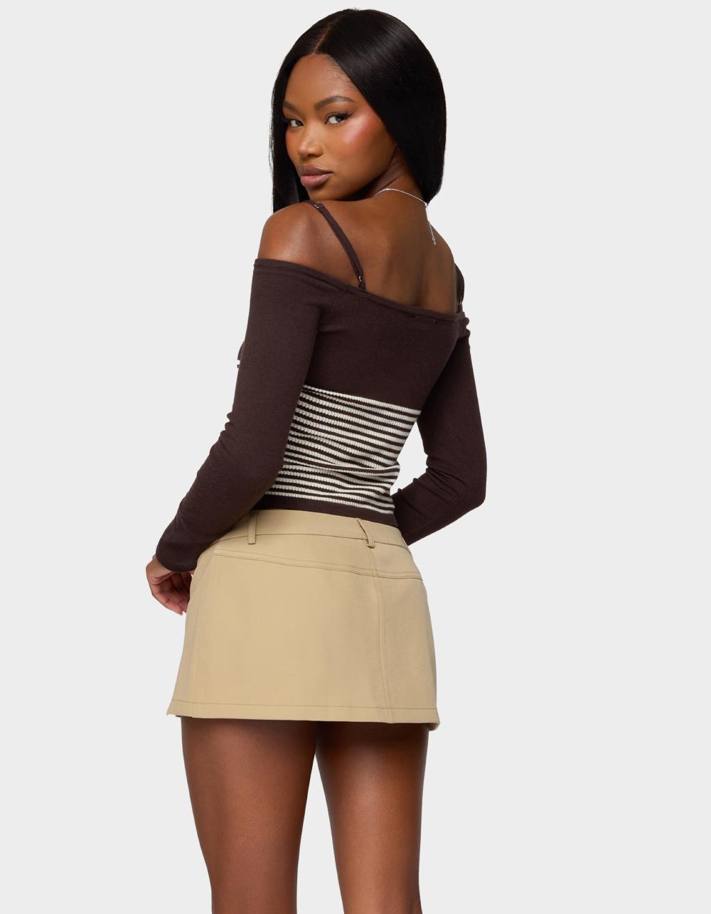 EDIKTED Darya Striped Off Shoulder Knit Top - BROWN