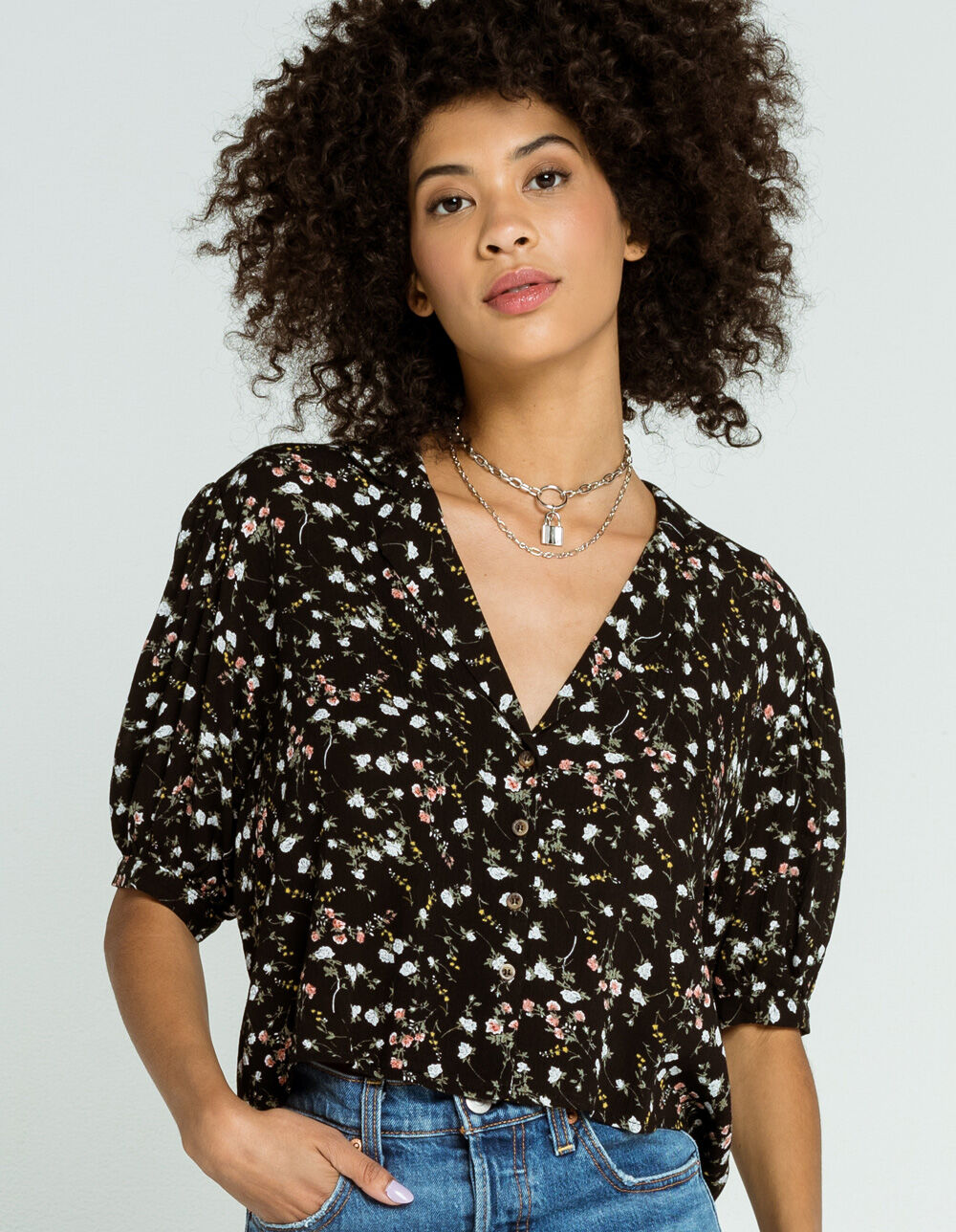 SKY AND SPARROW Ditsy Button Front Womens Shirt - BLACK COMBO | Tillys