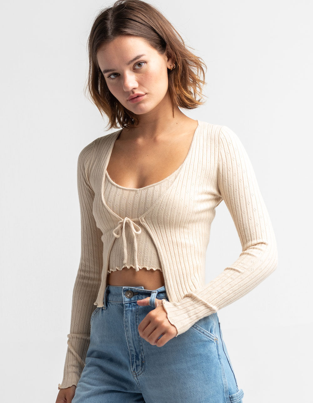 SKY AND SPARROW Tie Front Womens Tan Pointelle Cardigan - TAN | Tillys