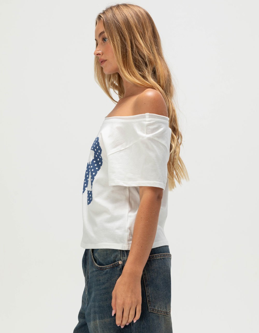 FULL TILT 90 Dot Womens Off The Shoulder Tee - IVORY