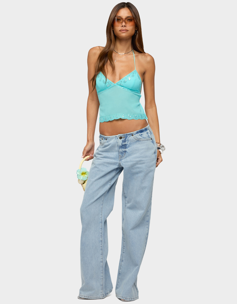 EDIKTED Allise Backless Sequin Halter Top - BLUE