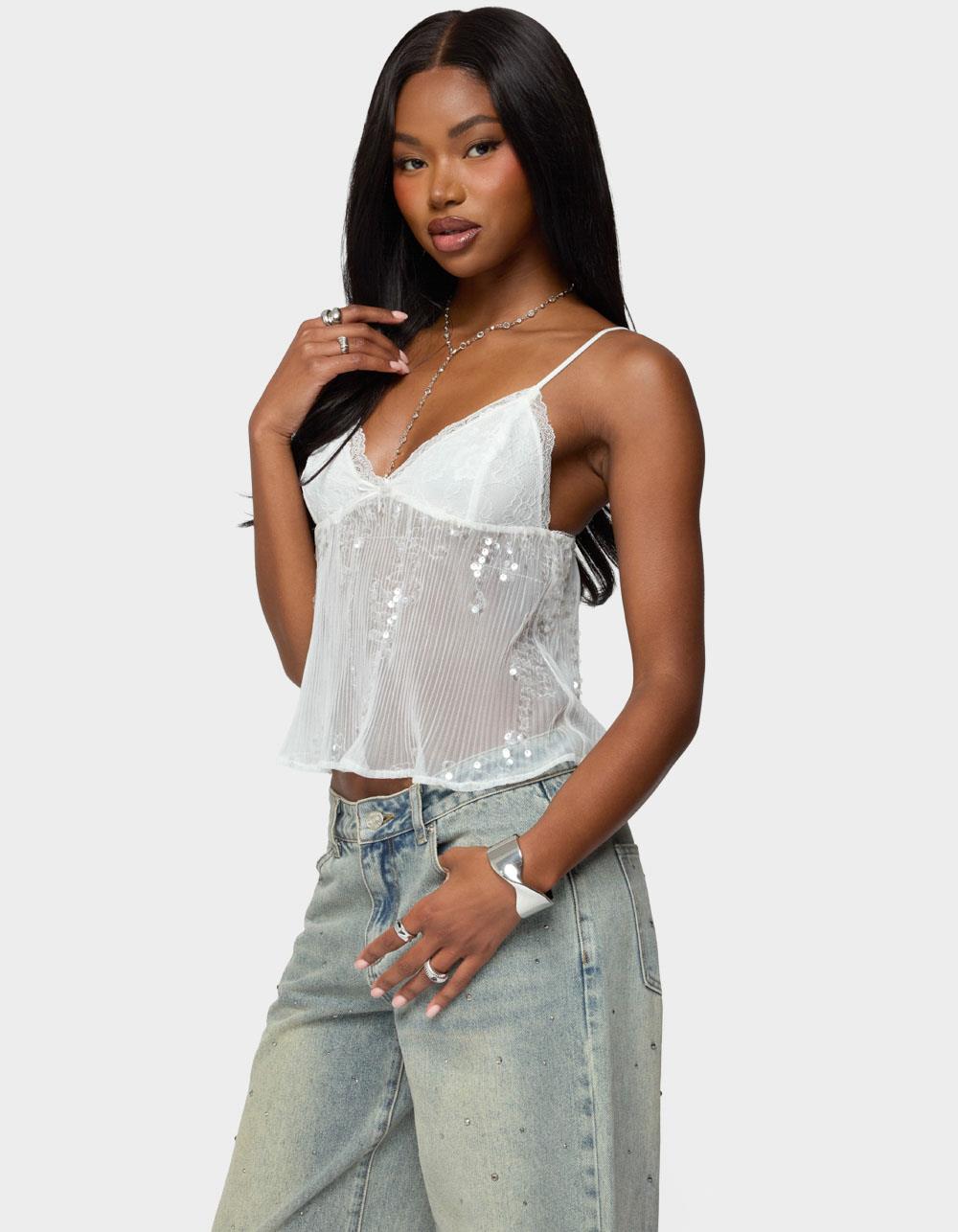 EDIKTED Sequin Sheer Mesh Babydoll Top - WHITE