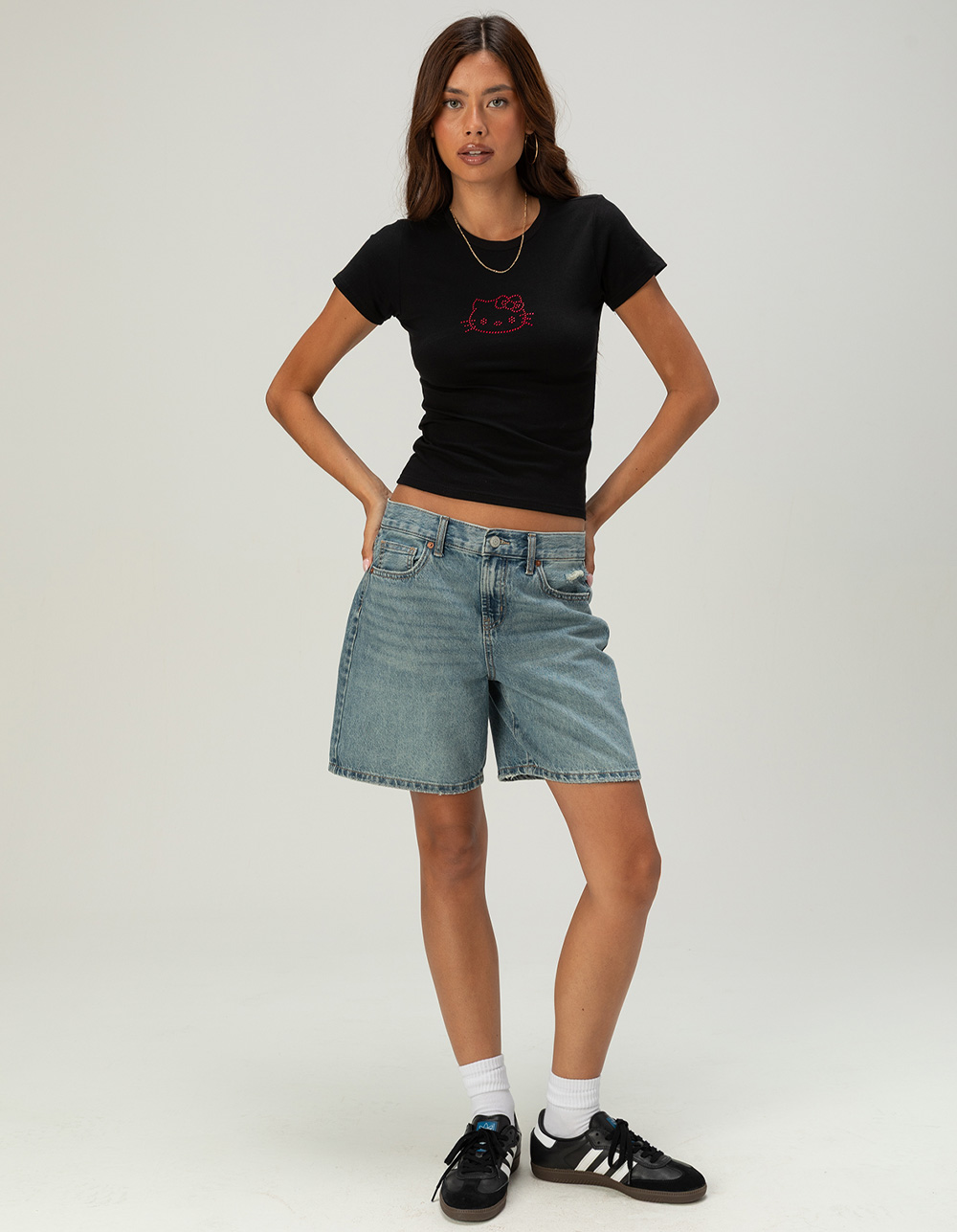 HELLO KITTY Womens Rhinestone Baby Tee - BLACK