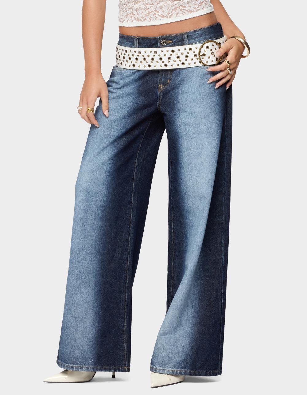 EDIKTED Ema Bleach Washed Low Rise Jeans - DARK BLUE