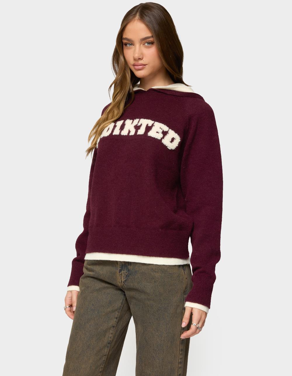 Edikted Varsity Contrast Layered Knit Hoodie - DK RED