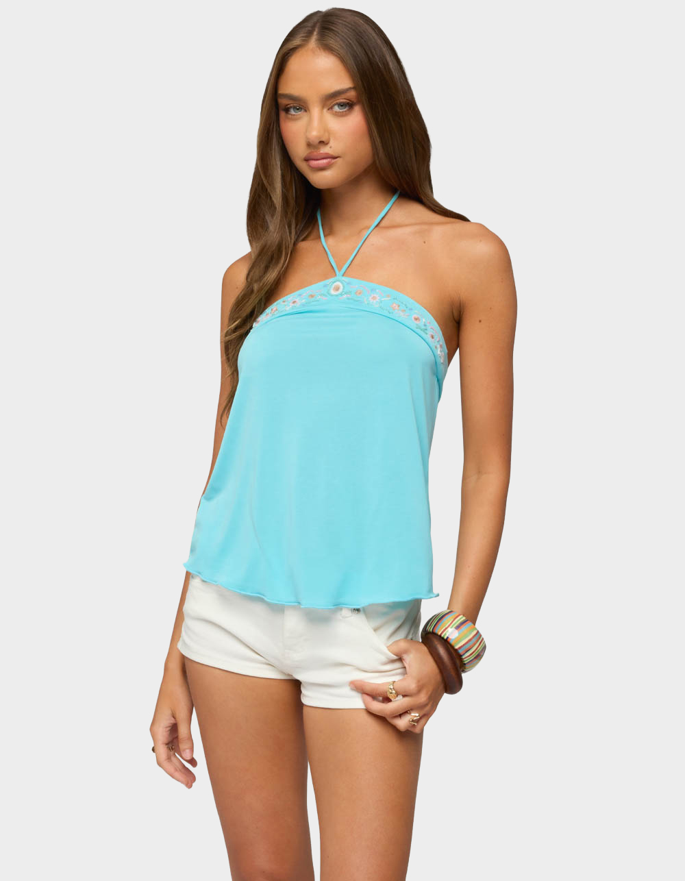 EDIKTED Thayer Beaded Halter Top - TURQUOISE