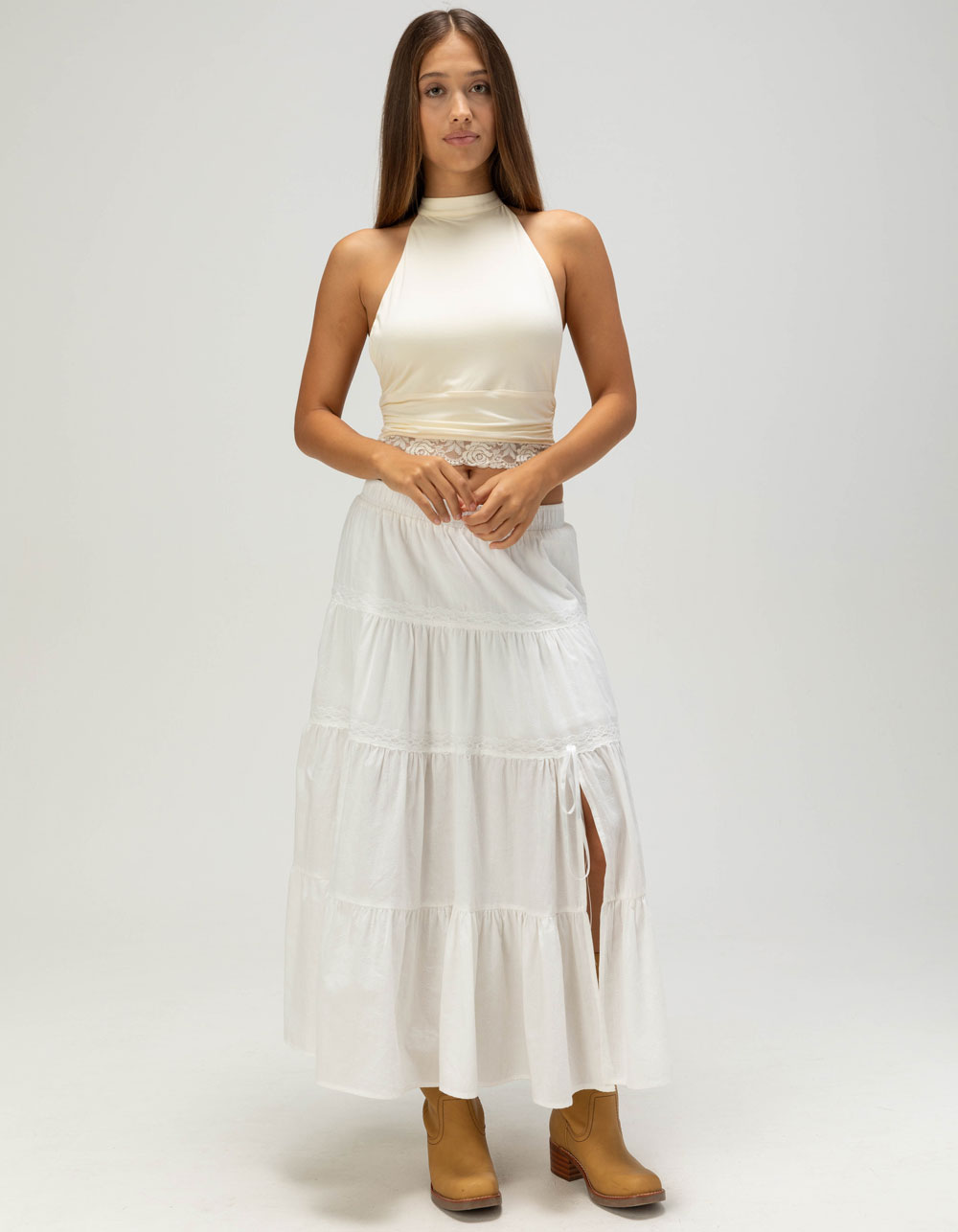 WEST OF MELROSE Lace Trim Womens High Neck Halter Top - CREAM