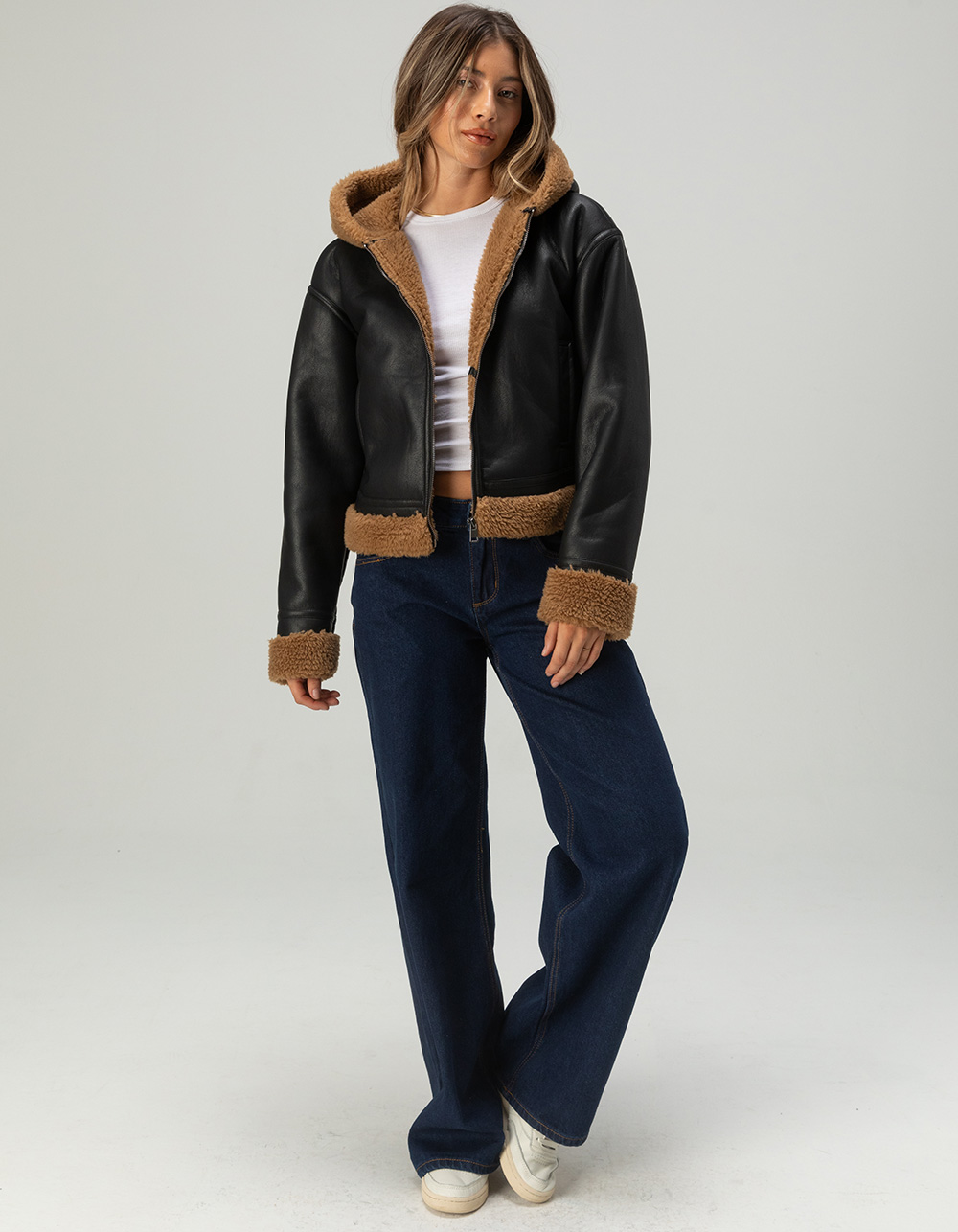 RSQ Womens Bonded Faux Leather Hooded Jacket - BLACK
