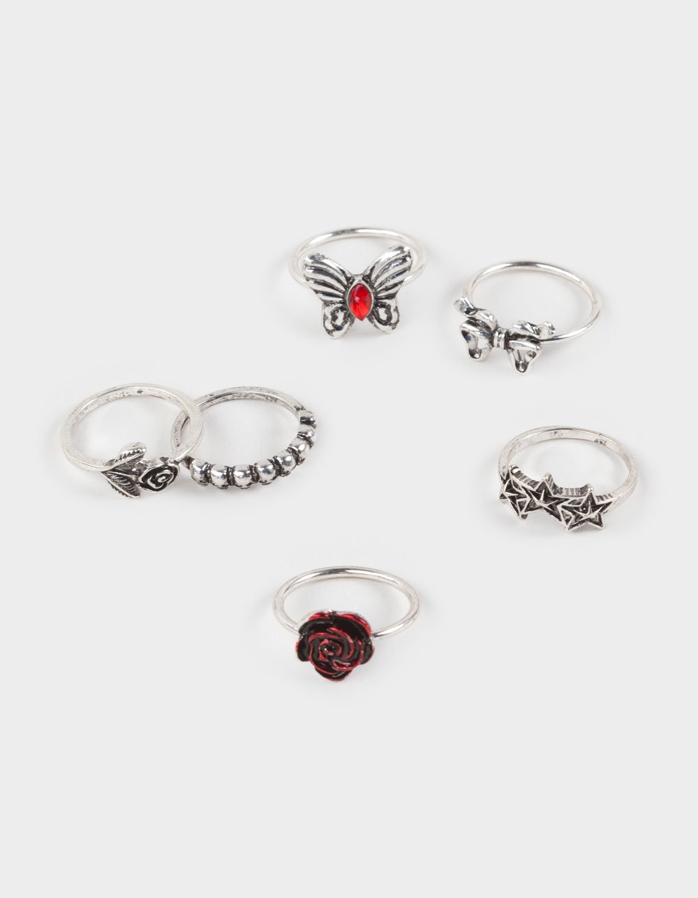 FULL TILT 6 Pack Butterfly/Rose/Bow Dainty Rings - SILVER