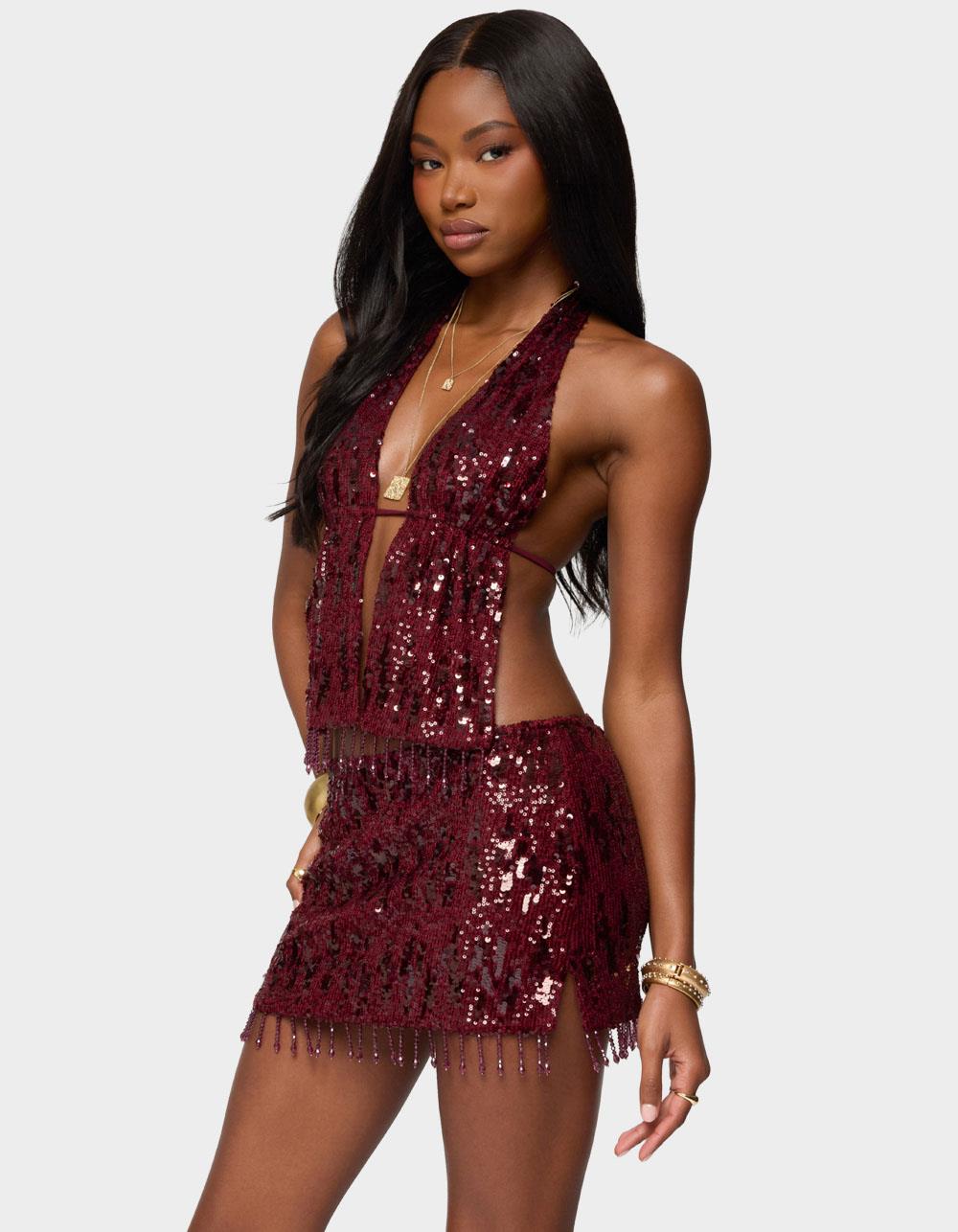 EDIKTED Dalis Fringed Sequin Split Front Top - DK RED