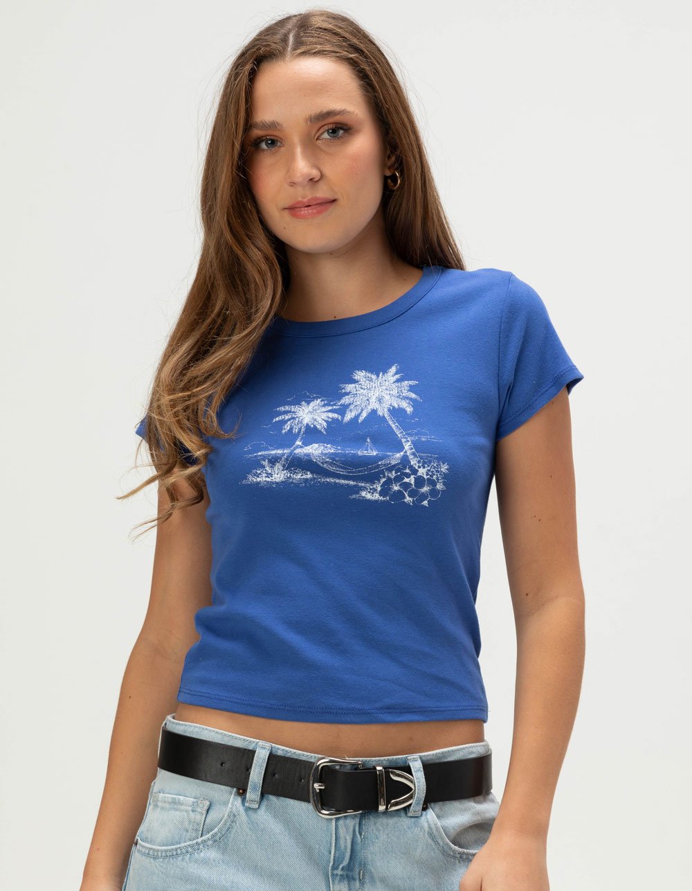 RSQ Womens Beach Scene Baby Tee - BLUE