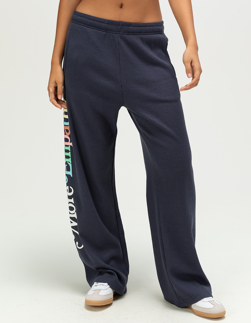 THE MAYFAIR GROUP World Needs More Empathy Womens Wide Leg Waffle Knit Sweatpants - NAVY