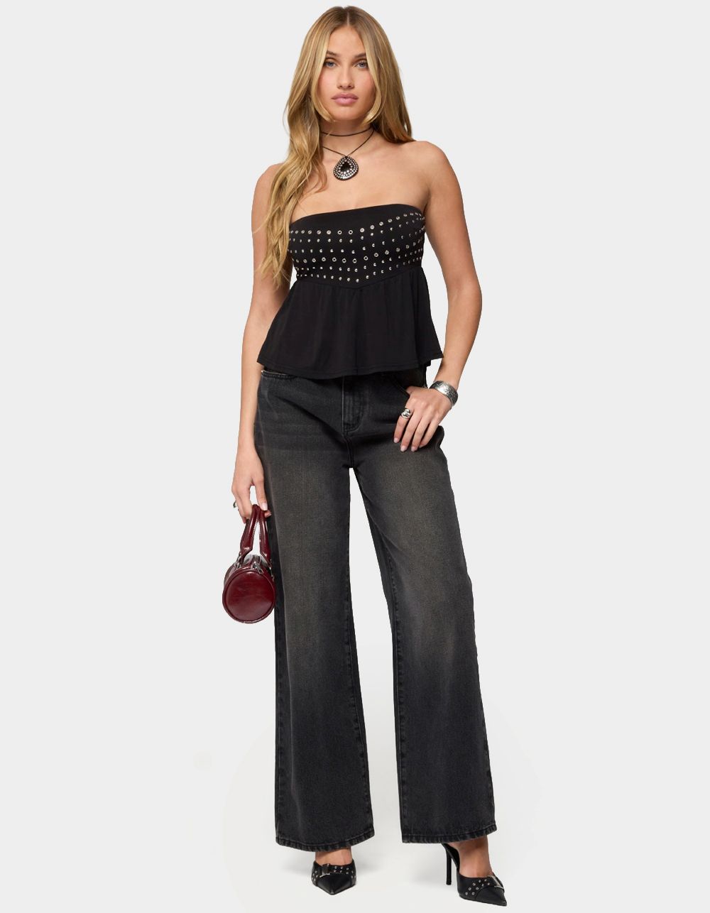 EDIKTED Alease Stud & Grommet Strapless Top - BLACK