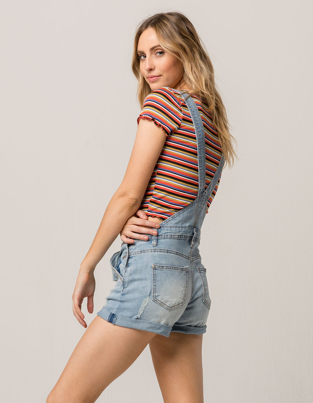 ALMOST FAMOUS Roll Cuff Ripped Womens Denim Shortalls image number 1
