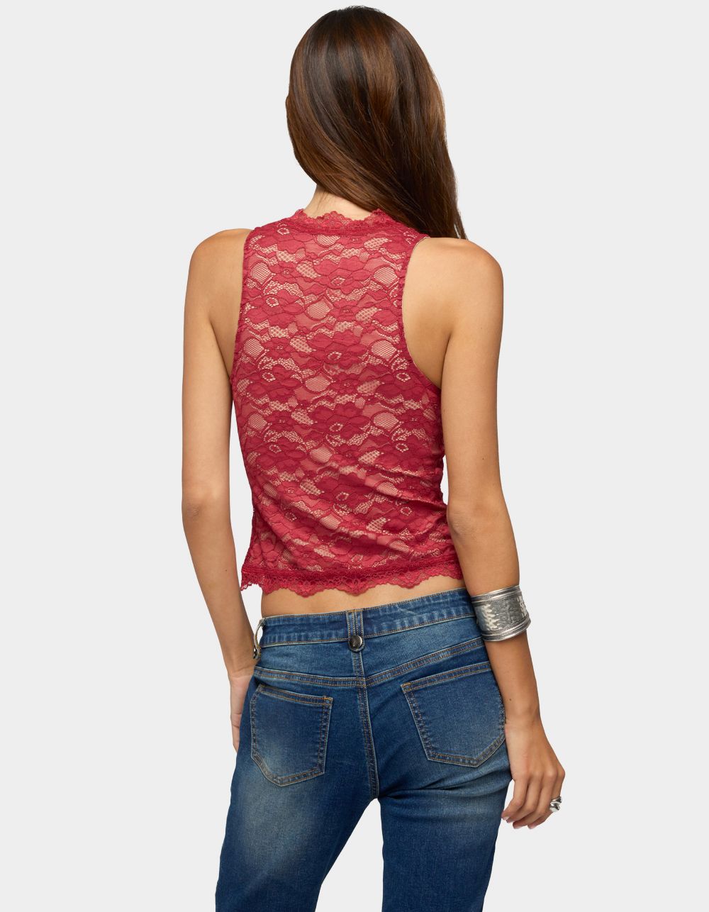 EDIKTED Frieda Keyhole Cutout Lace Top - DK RED