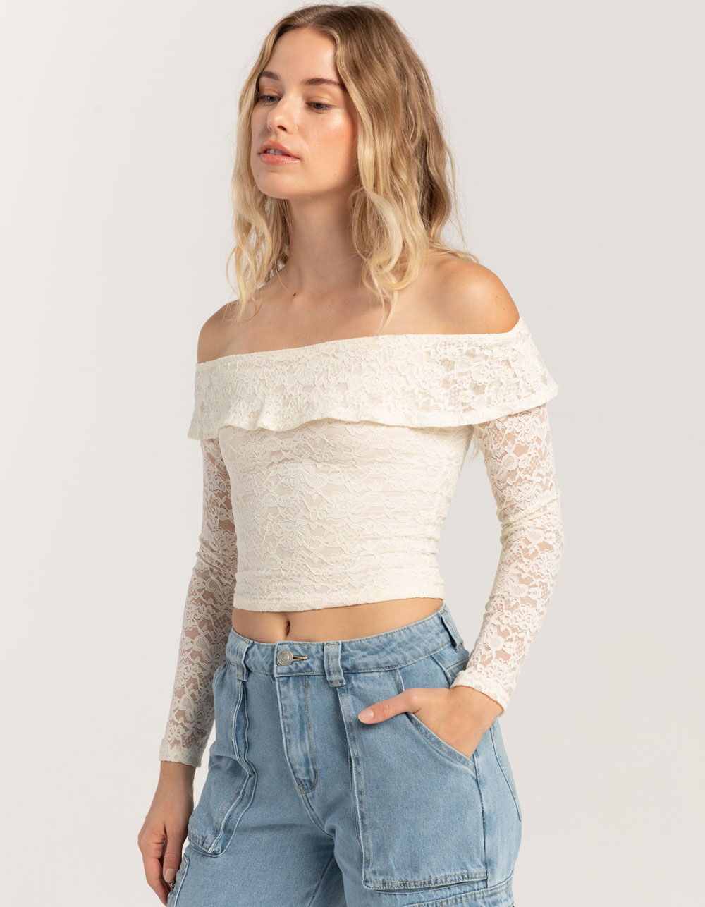 RSQ Lace Off The Shoulder Womens Long Sleeve Top