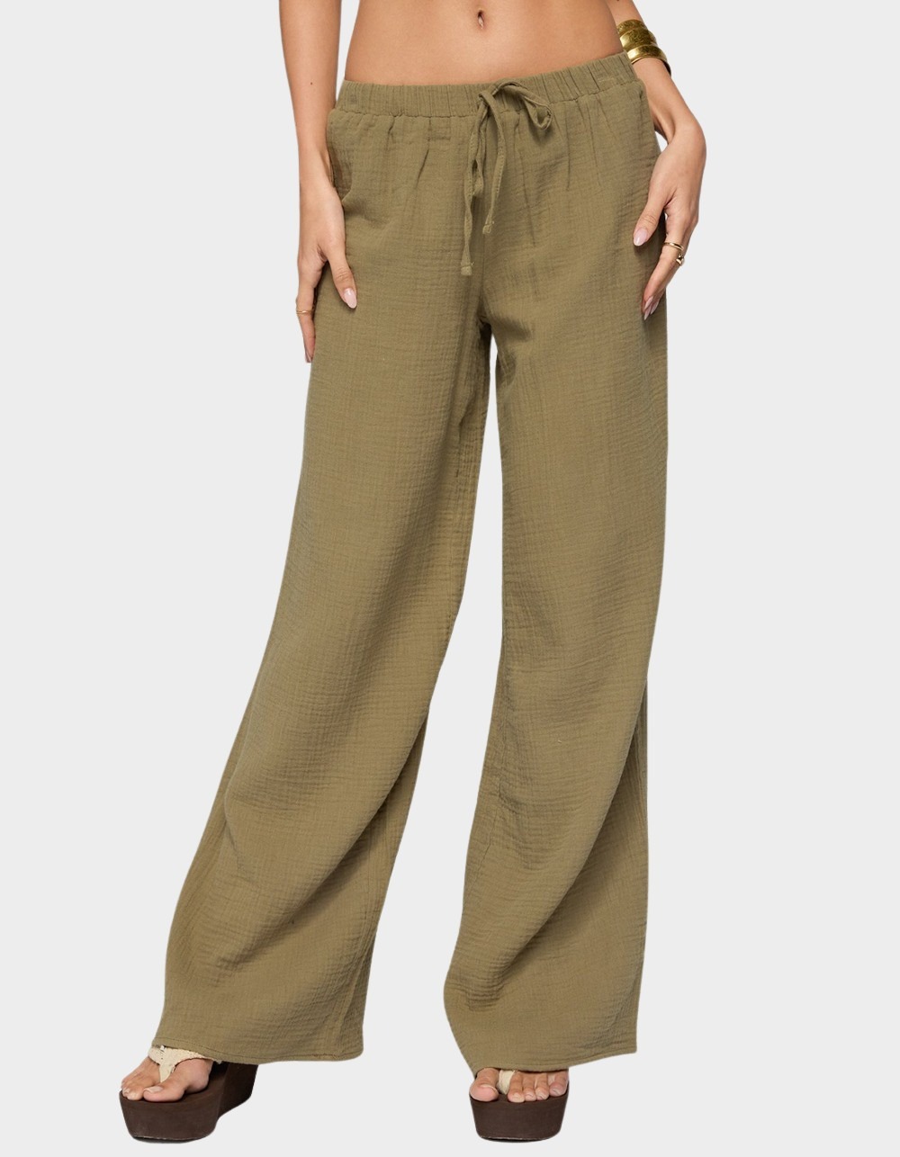 EDIKTED Viktoria Wide Leg Gauze Pants - DK GREEN