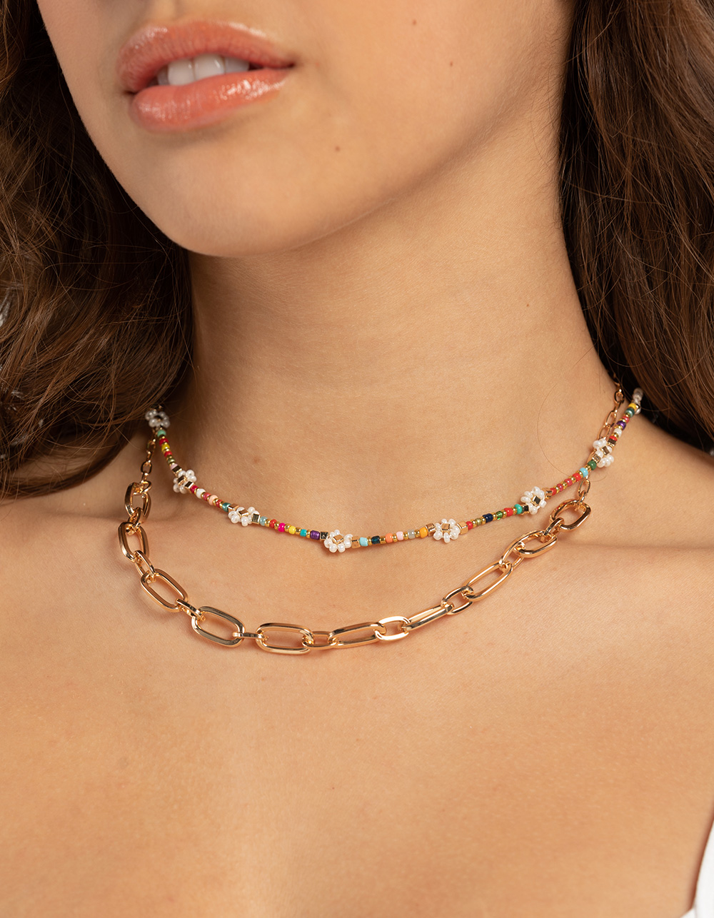 FULL TILT 2 Piece Beaded Floral Necklace GOLD Tillys