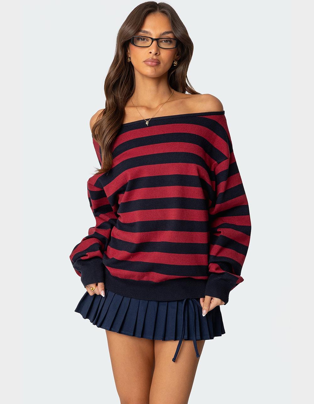 EDIKTED Sterling Striped Off Shoulder Sweater - BLACK