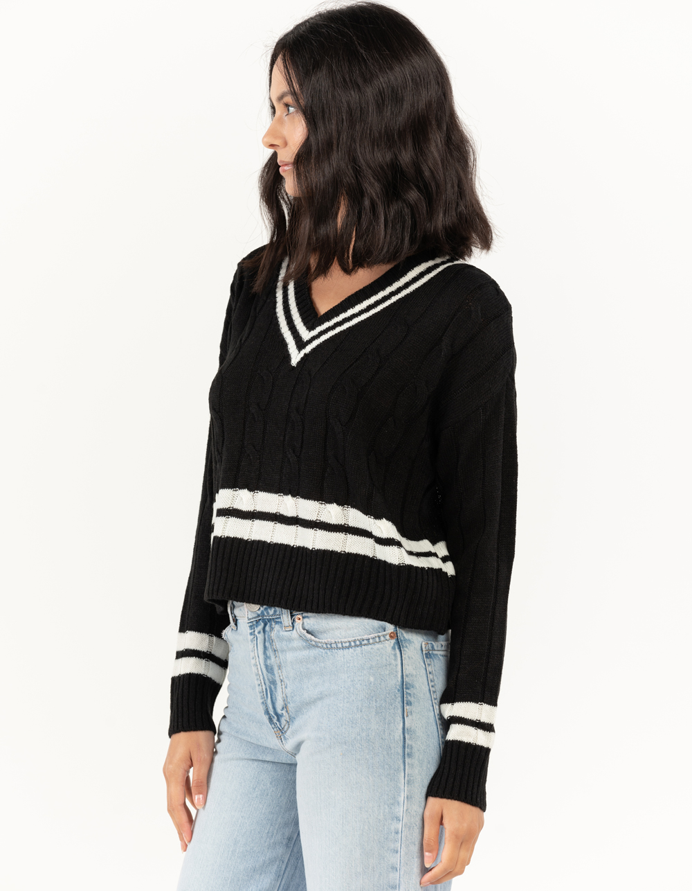 Full Circle Trends Cable Knit V Neck Varsity Sweater - Black - Large