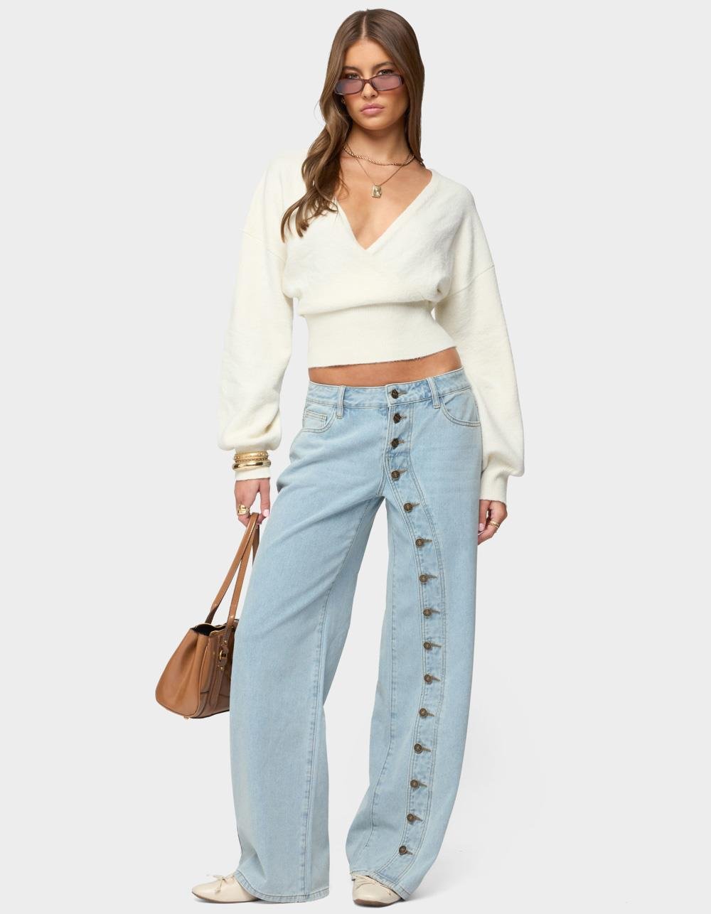 EDIKTED Lillia V-Neck Wrap Sweater - WHITE