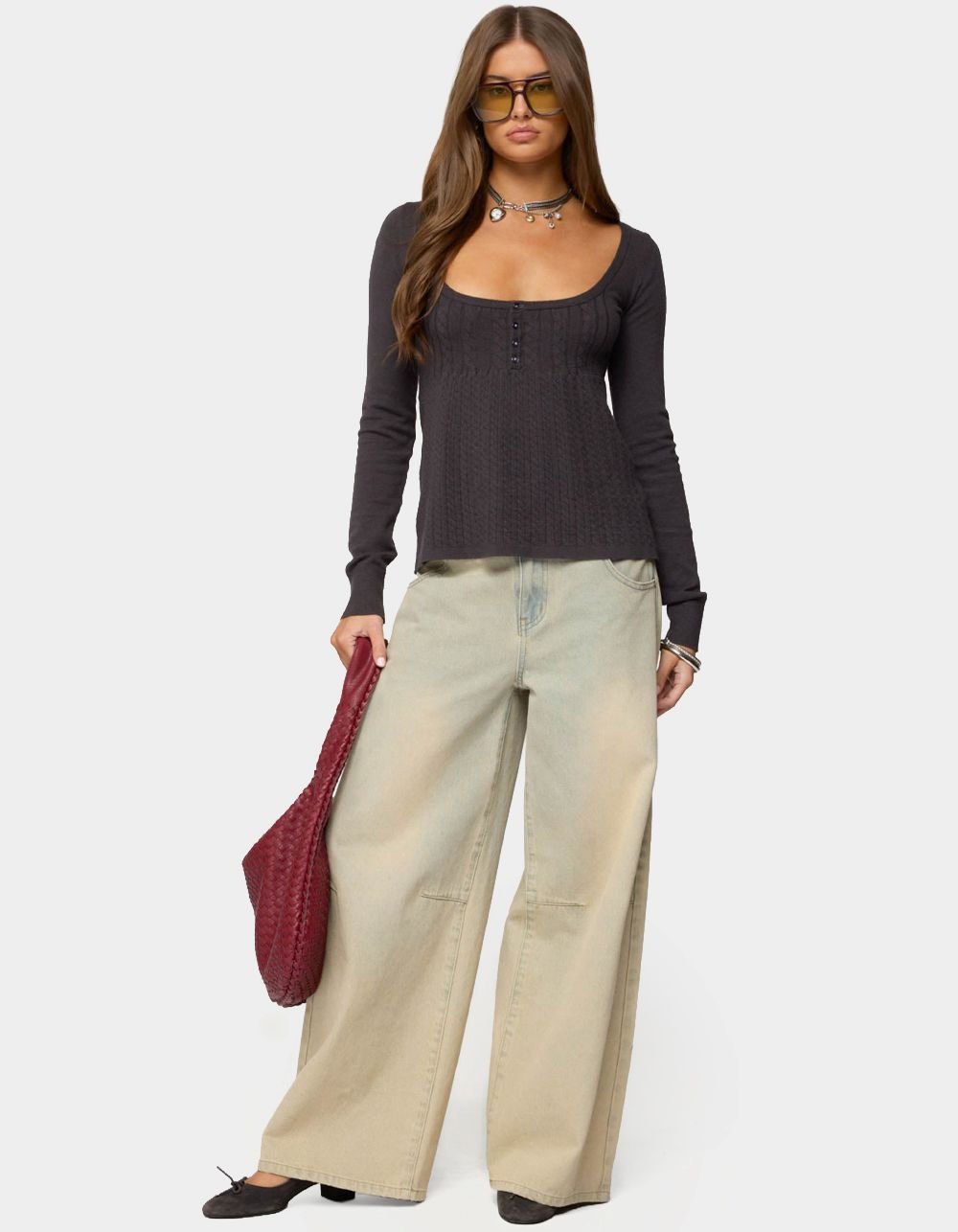 EDIKTED Jaylah Cable Knit Babydoll Top - GRAY