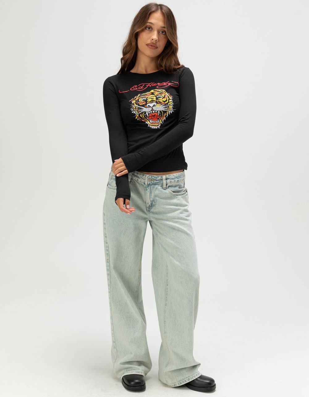 ED HARDY Tiger Head Womens Long Sleeve Baby Tee - BLACK