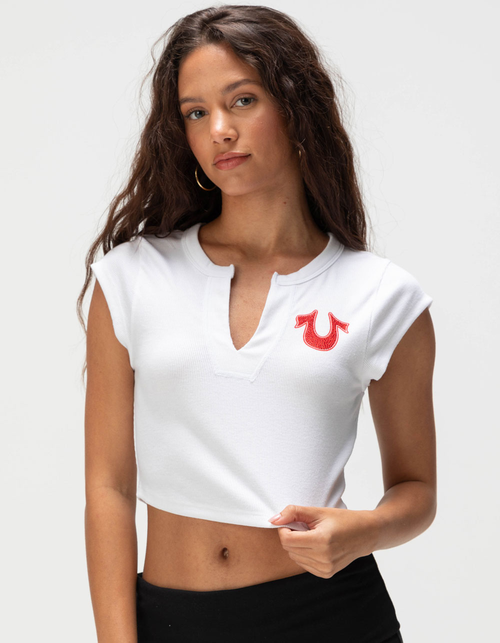 TRUE RELIGION Number Womens Notch Crop Tee