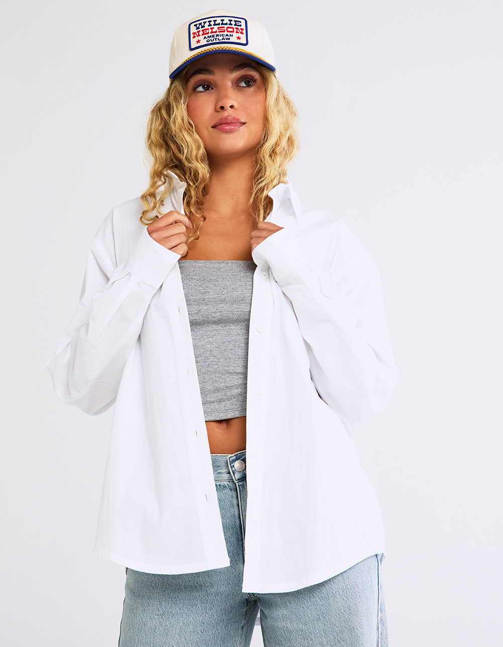 RSQ Womens White Button Up Long Sleeve Shirt - WHITE