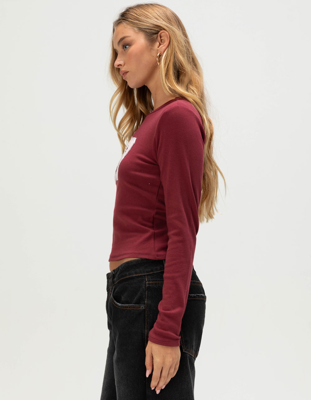 RSQ Womens 08 Lace Long Sleeve Baby Tee - BURGUNDY