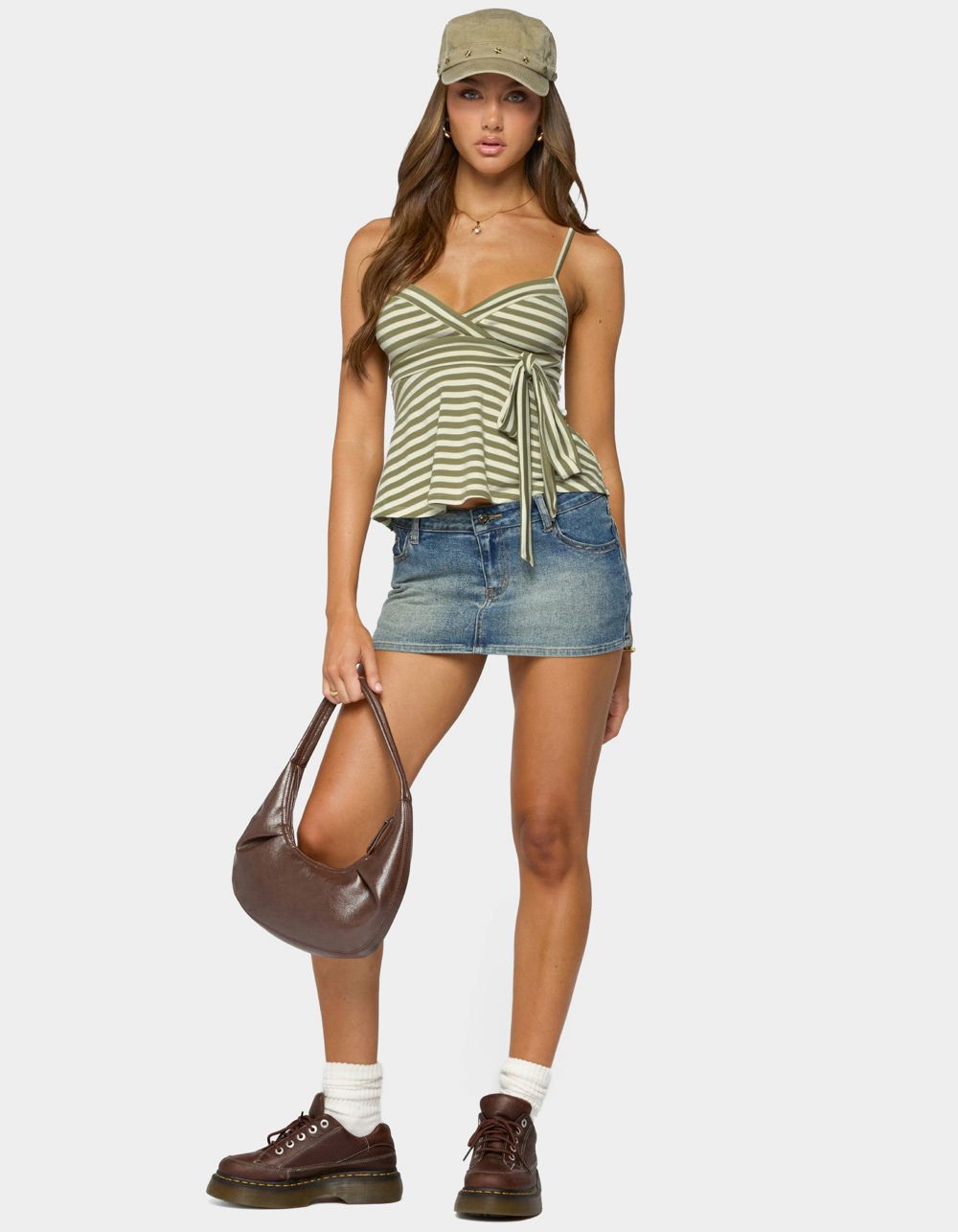 EDIKTED Kova Striped V-Neck Babydoll Top - WHITE