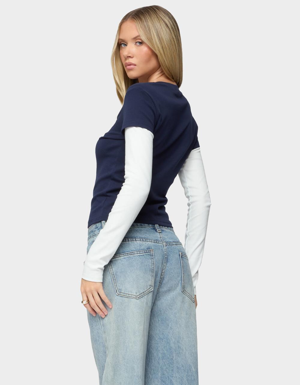 EDIKTED Boston Layered Long Sleeve Tee - NAVY