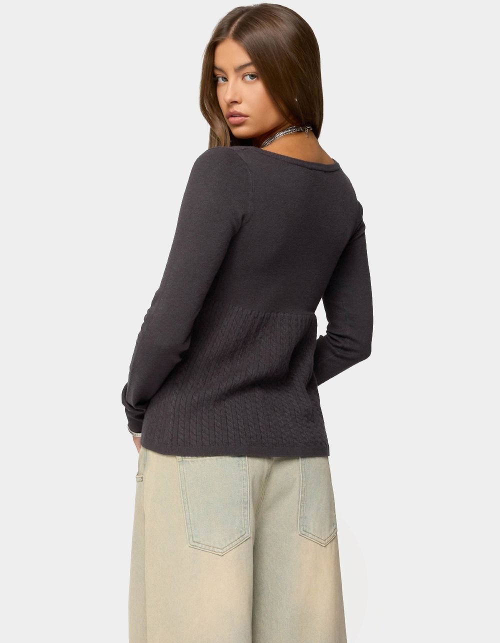 EDIKTED Jaylah Cable Knit Babydoll Top - GRAY