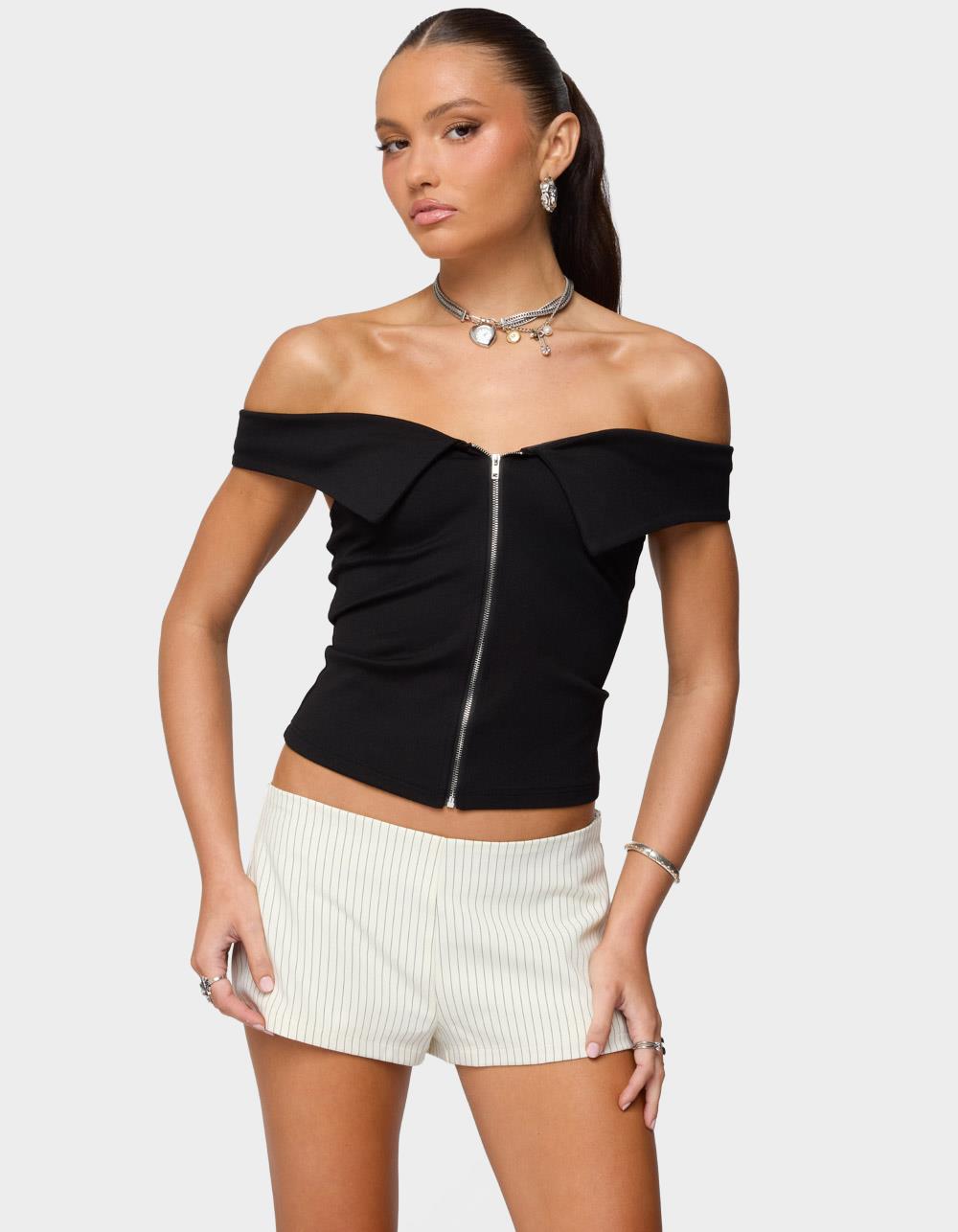 EDIKTED Collared Off Shoulder Zip Up Top - BLACK