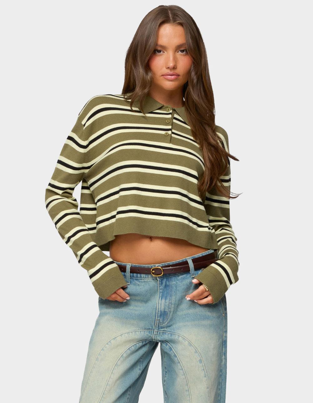 EDIKTED Shelby Striped Polo Sweater - DK GREEN