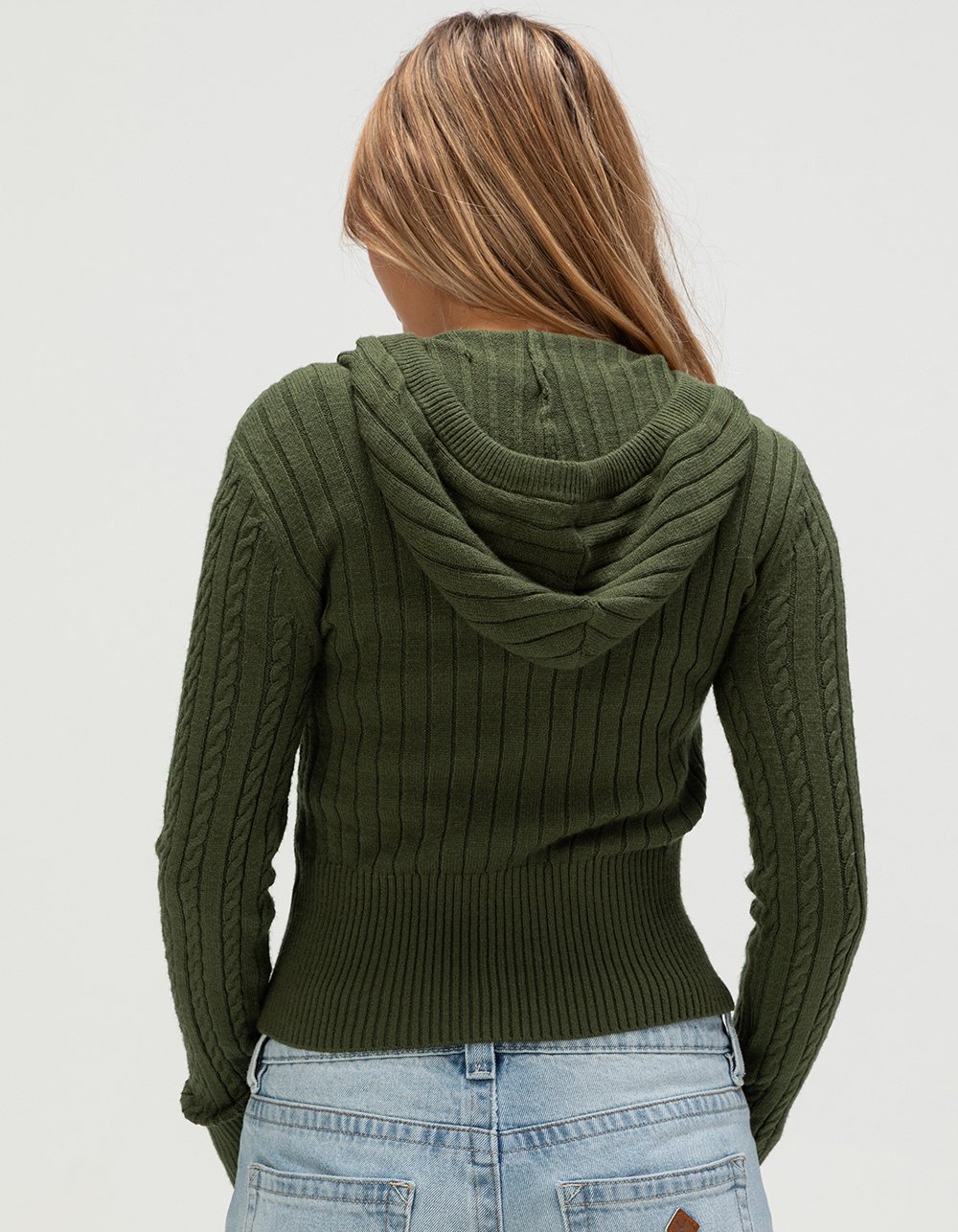 NO COMMENT Cable Knit Womens Zip-Up Hooded Sweater - OLIVE