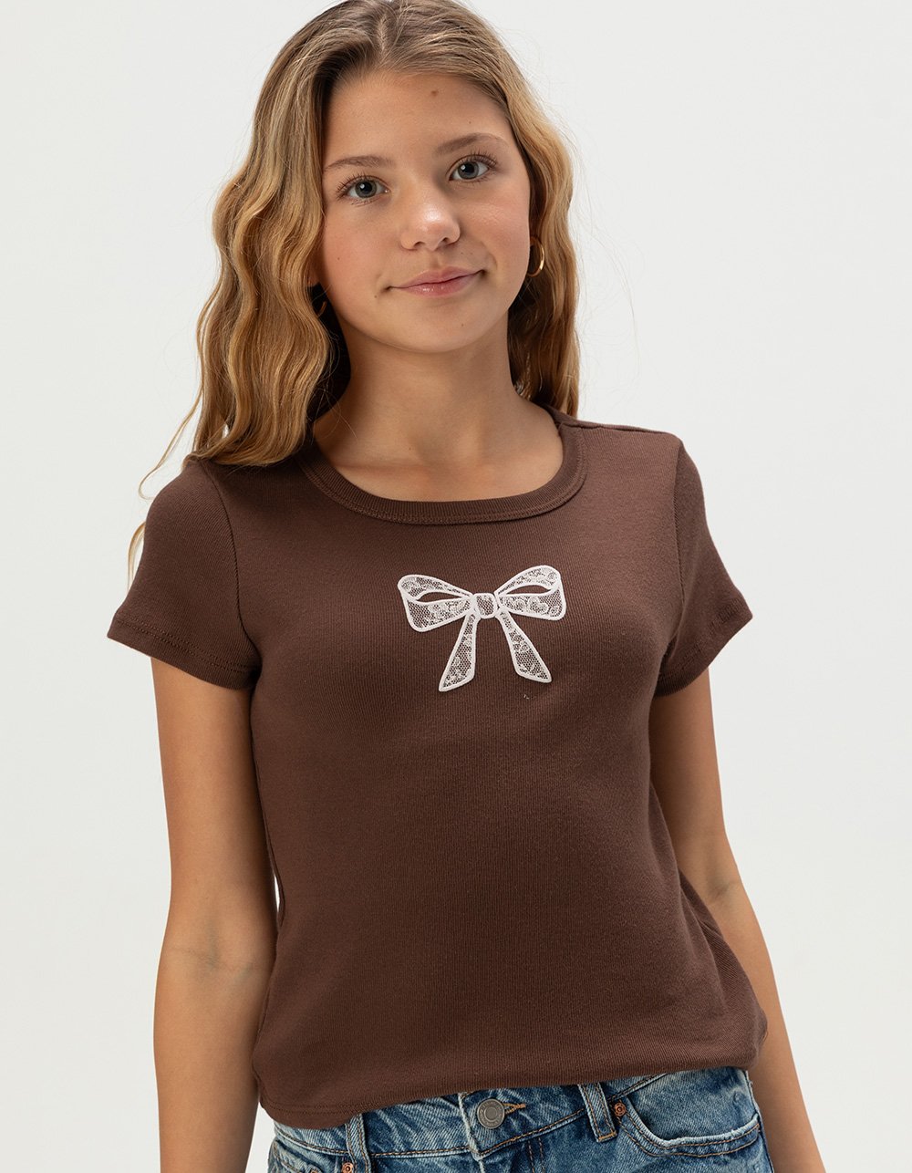 FULL TILT Lace Bow Girls Baby Tee - BROWN