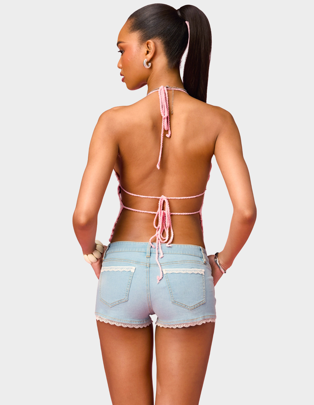EDIKTED Barbie™ Backless Striped Crochet Halter Top - PINK