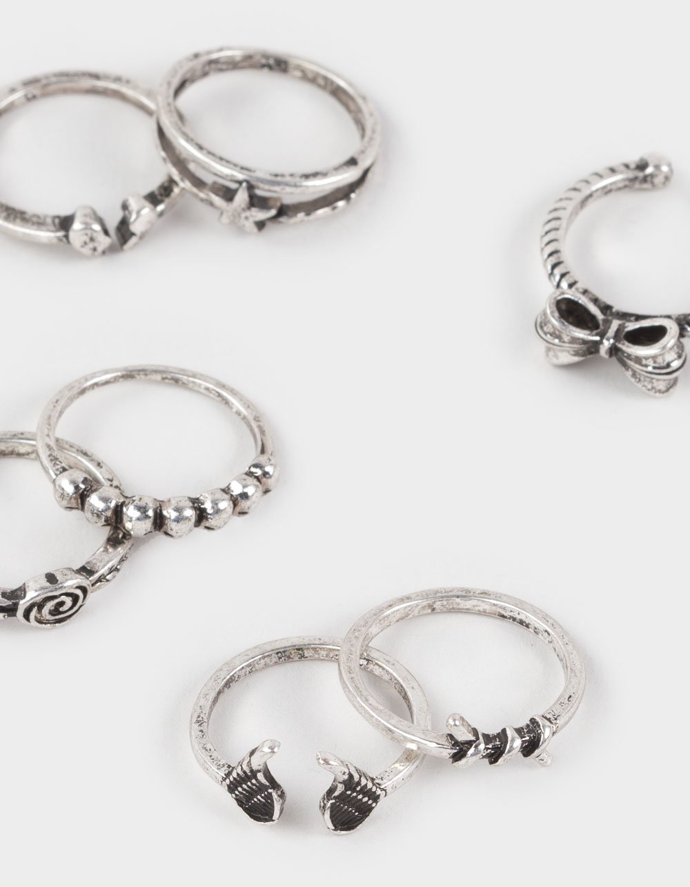 FULL TILT 7 Pack Bow/Wings/Star Dainty Rings - SILVER