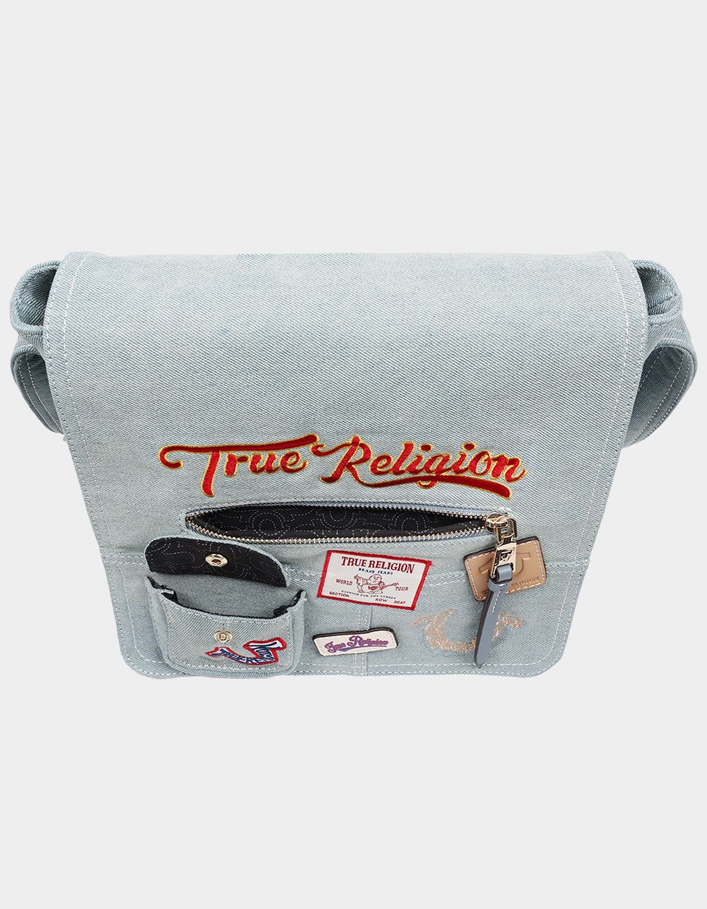 TRUE RELIGION Multi Patch Denim Messenger Bag - DENIM