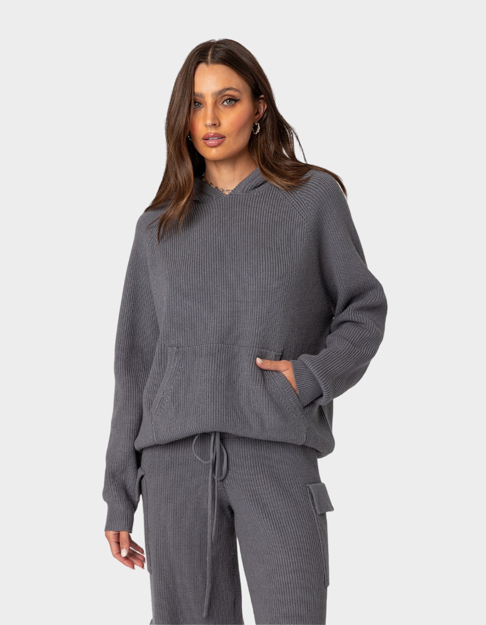 EDIKTED Wynter Oversized Knit Womens Hoodie - GRAY
