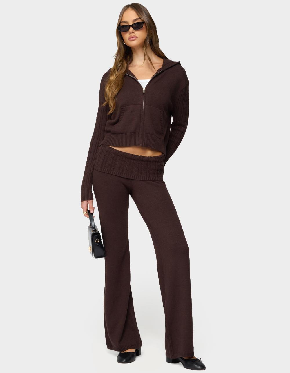 EDIKTED Lula Cable Knit Foldover Pants - BROWN