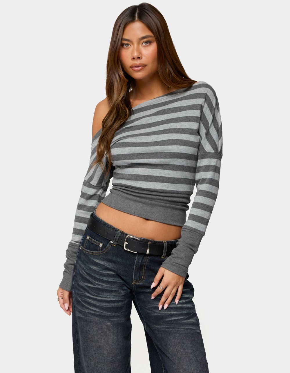 EDIKTED Marniee Striped Off Shoulder Top - DARK GRAY