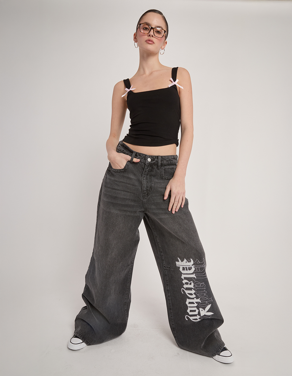 PLAYBOY Gothic Font Womens Jeans - WASHED BLACK