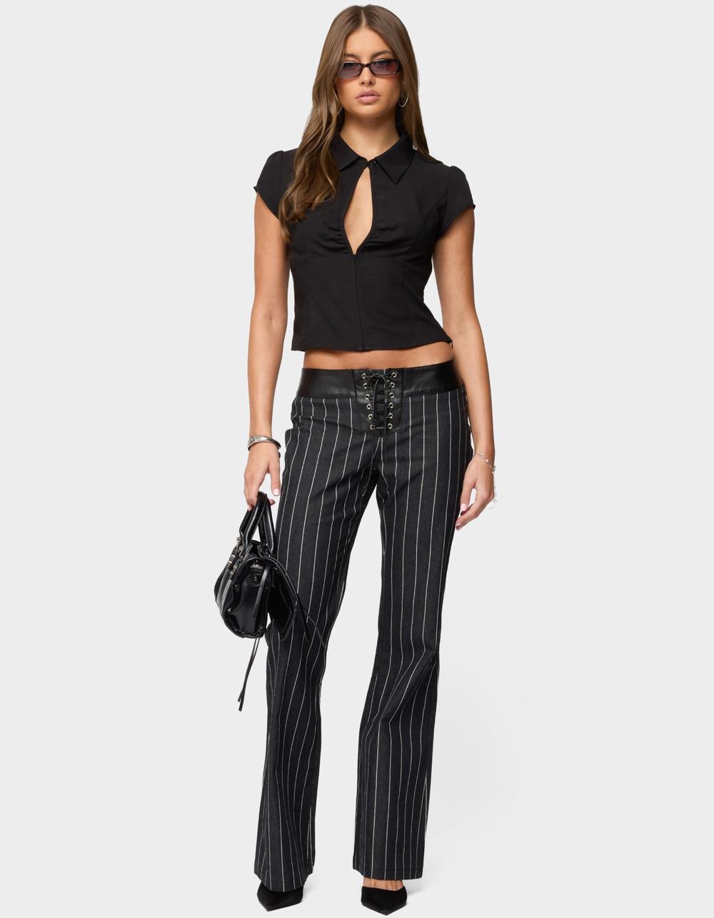 EDIKTED Pinstripe & Faux Leather Low Rise Flared Jeans - DARK BLUE