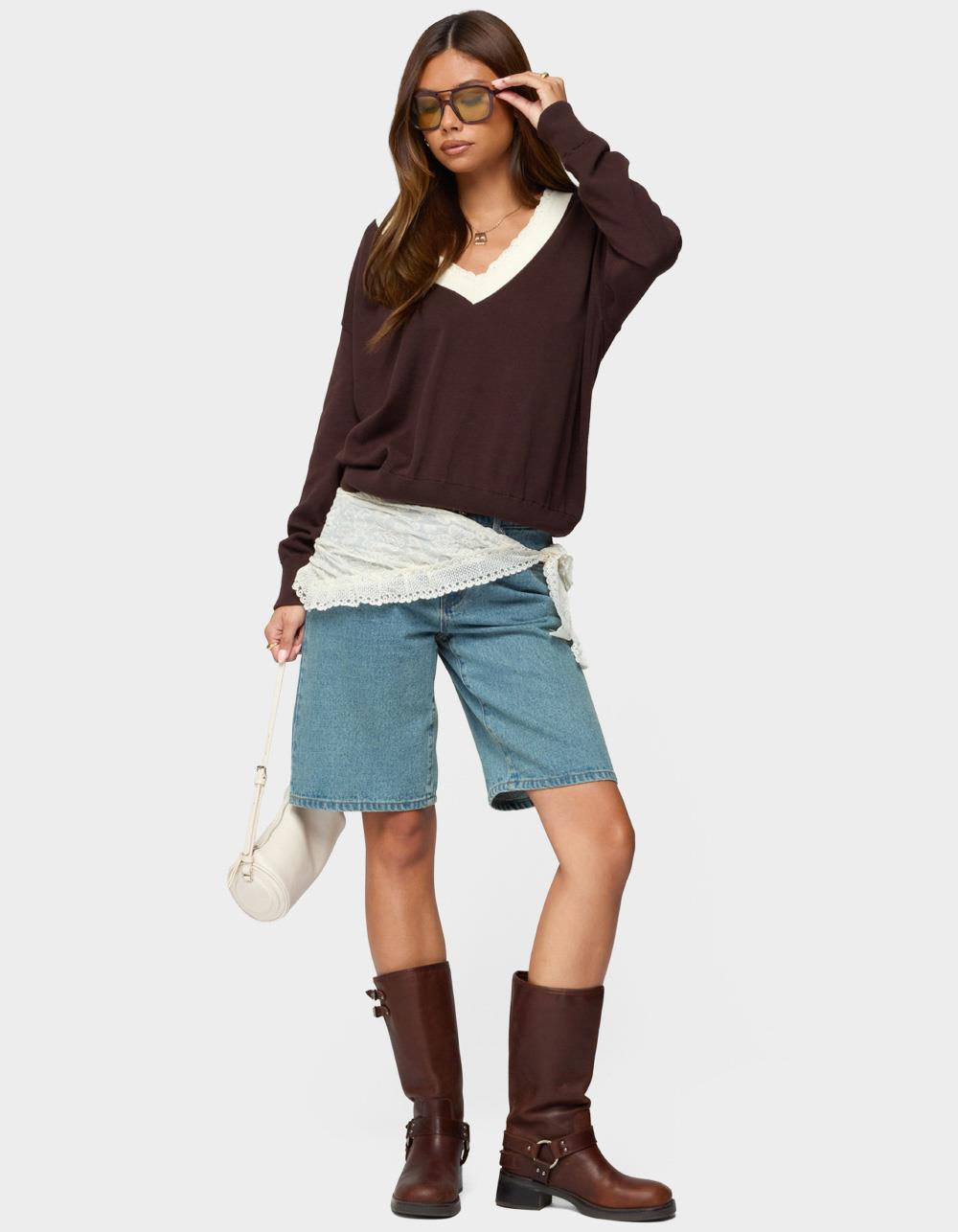 EDIKTED Marie Contrast Lacey V-Neck Sweater - BROWN