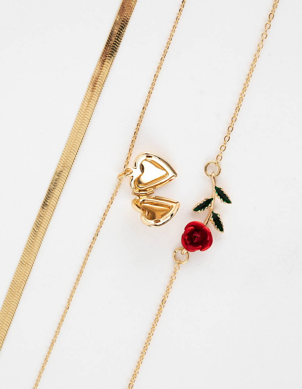 FULL TILT Layered Snake Chain / Rose Charm Necklace - GOLD