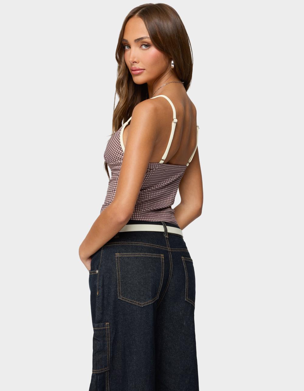 EDIKTED Bettie Contrast Gingham Tank Top - BROWN